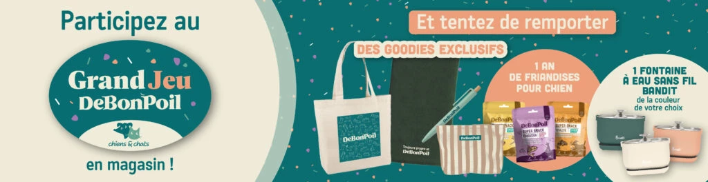 Bannière du jeu concours animaux Debonpoil avec cadeaux à gagner pour chiens et chats en animalerie et jardinerie participantes.