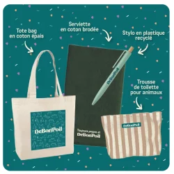 Visuel des goodies du jeu concours Debonpoil avec serviette pour chien, tote bag, stylo recyclé et trousse pour animaux.